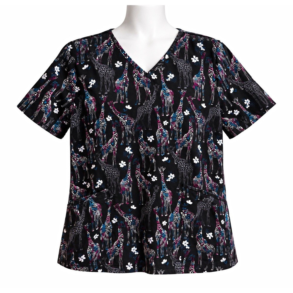Scrubstar Women's Black/Multicolor Giraffe Animal Print V-Neck Scrub Top L[A6]